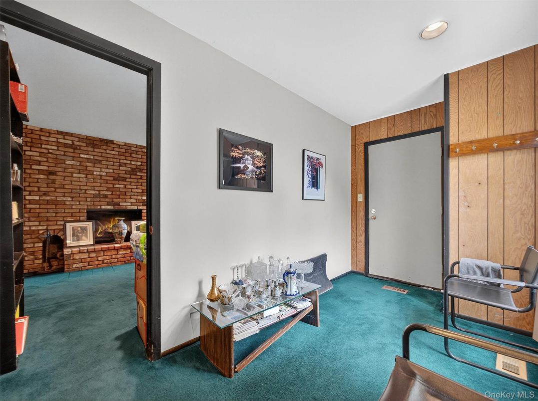 Fireplace, Interior, Recessed Lighting, Stone Walls, Wooden Walls