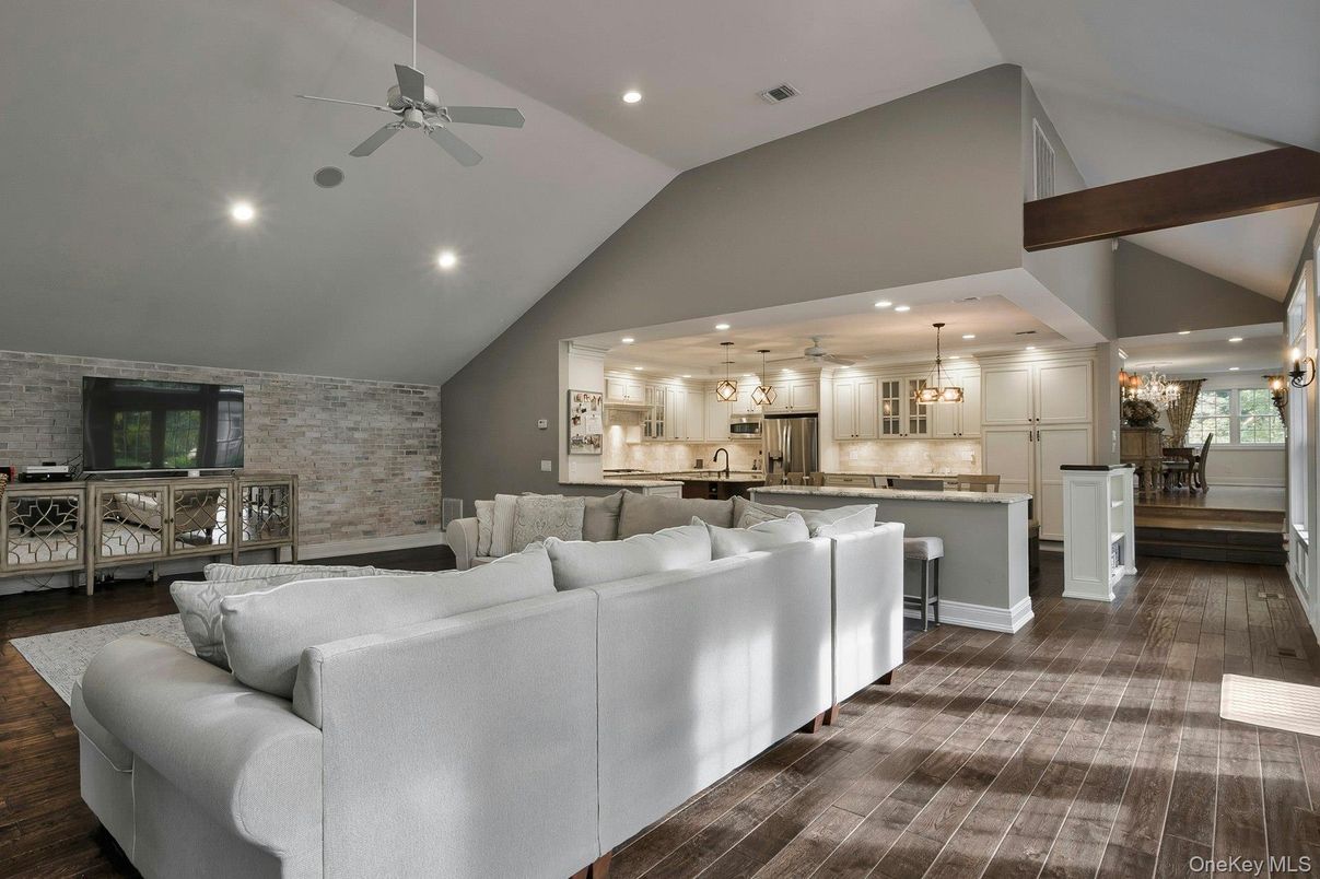 Interior, Kitchen, Living room, Pendant Lights, Recessed Lighting, Stainless Steel Appliances, Stone Walls, Wooden Beams, Wood Texture Flooring