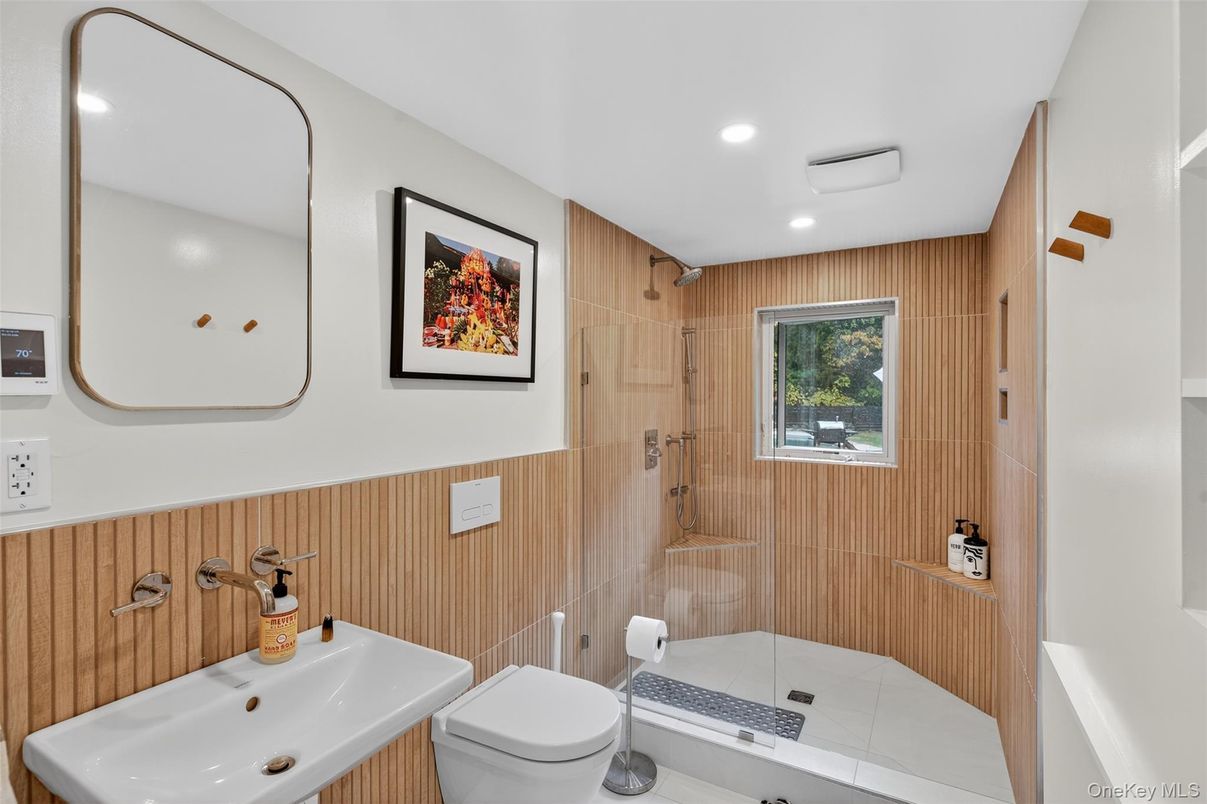 Bathroom, Glass Shower, Interior, Recessed Lighting, Wooden Walls