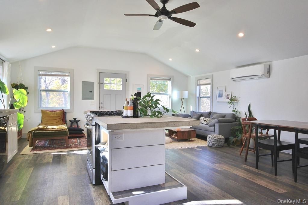Dining room, Interior, Kitchen, Living room, Recessed Lighting, Wood Texture Flooring