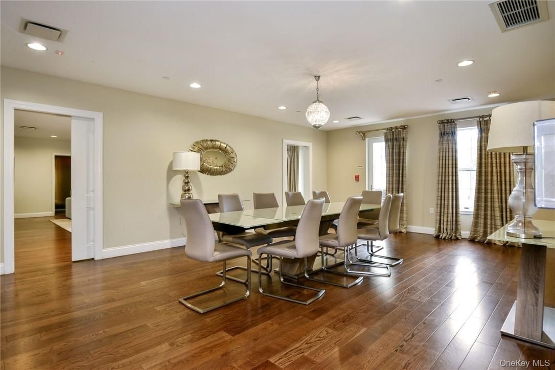 Chandelier, Dining room, Interior, Recessed Lighting, Wood Texture Flooring