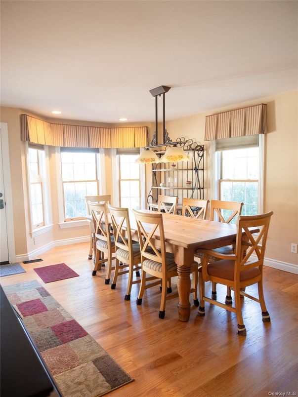 Dining room, Interior, Pendant Lights, Recessed Lighting, Wood Texture Flooring