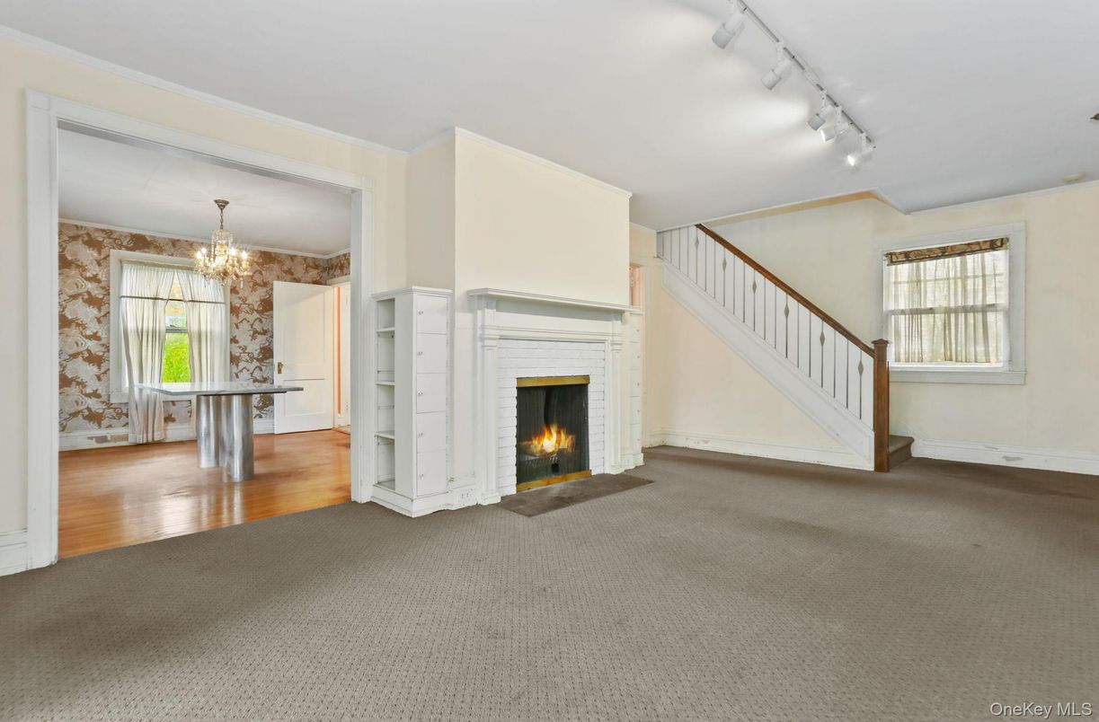 Chandelier, Empty room, Fireplace, Interior, Wood Texture Flooring