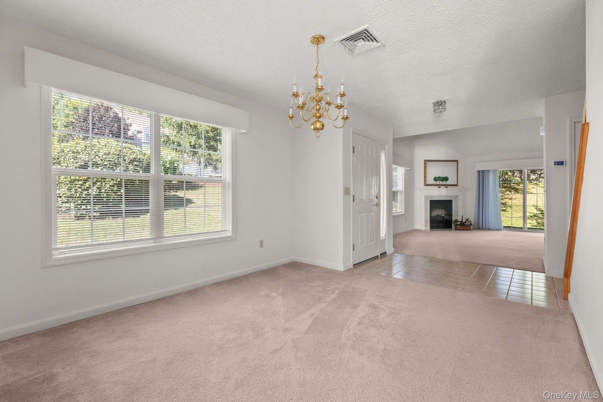 Chandelier, Empty room, Fireplace, Interior