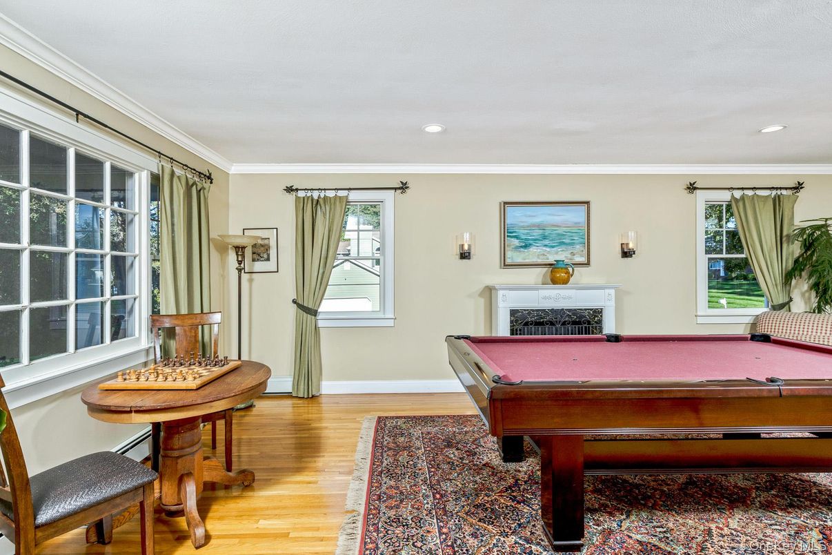 Billiard Table, Fireplace, Game Room, Interior, Recessed Lighting, Wood Texture Flooring