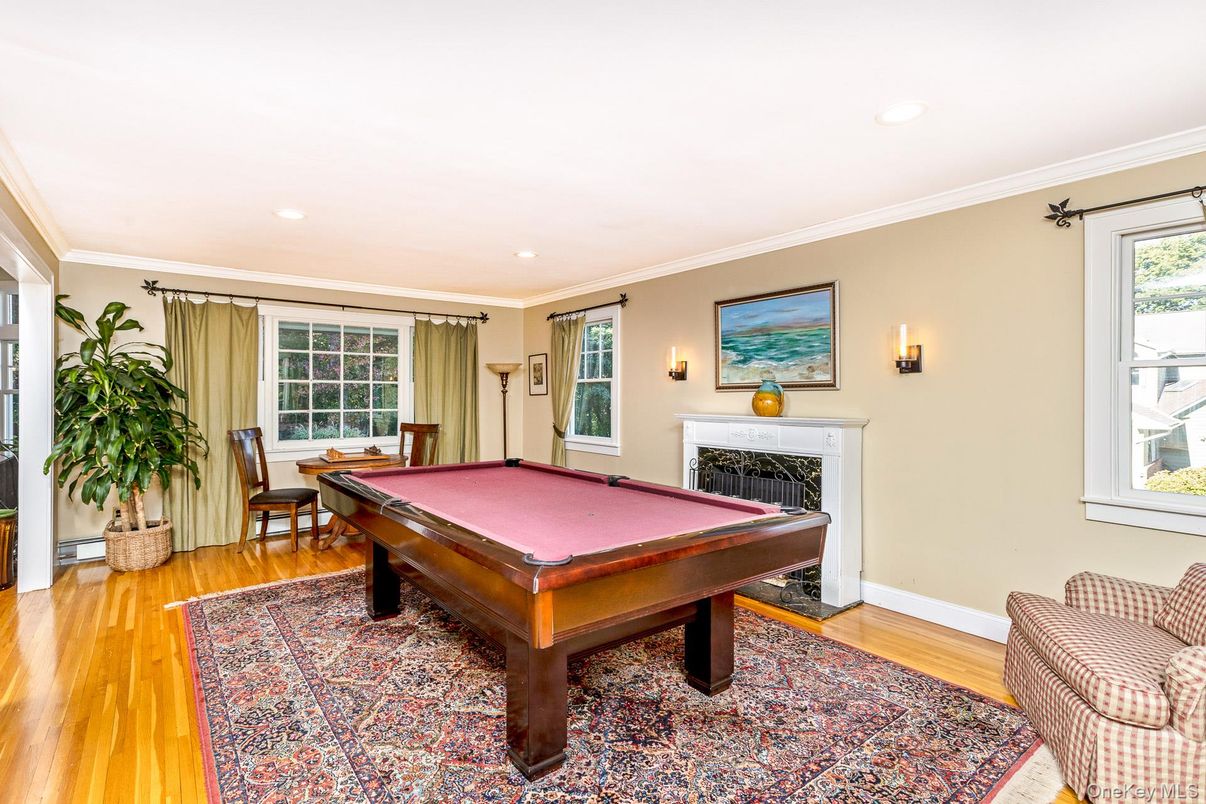 Billiard Table, Fireplace, Game Room, Interior, Recessed Lighting, Wood Texture Flooring