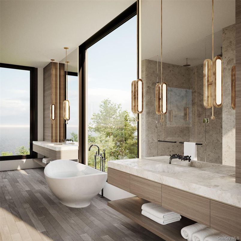 Bathroom, Dual Sink Vanities, Free Standing Baths, Glass Shower, Interior, Pendant Lights, Water, Wood Texture Flooring