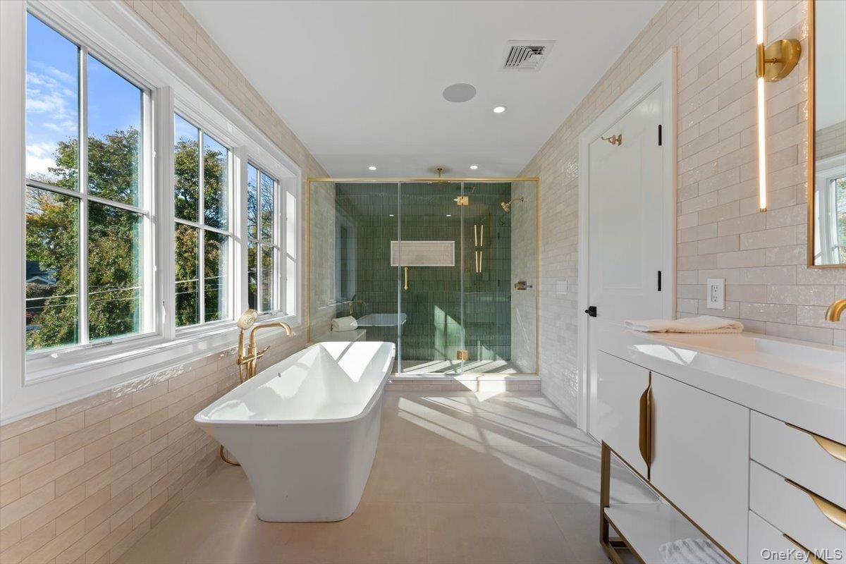 Bathroom, Free Standing Baths, Glass Shower, Interior, Recessed Lighting