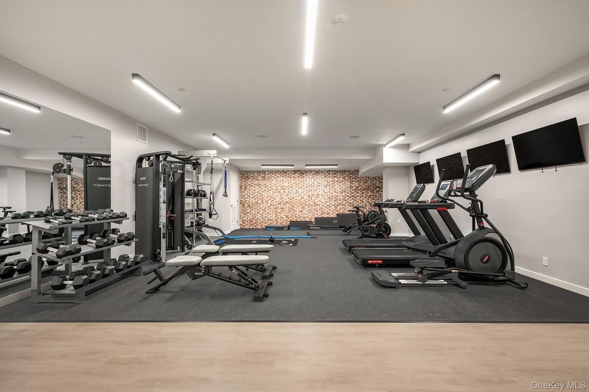 Fitness Equipment, Gym, Interior, Recessed Lighting, Wood Texture Flooring