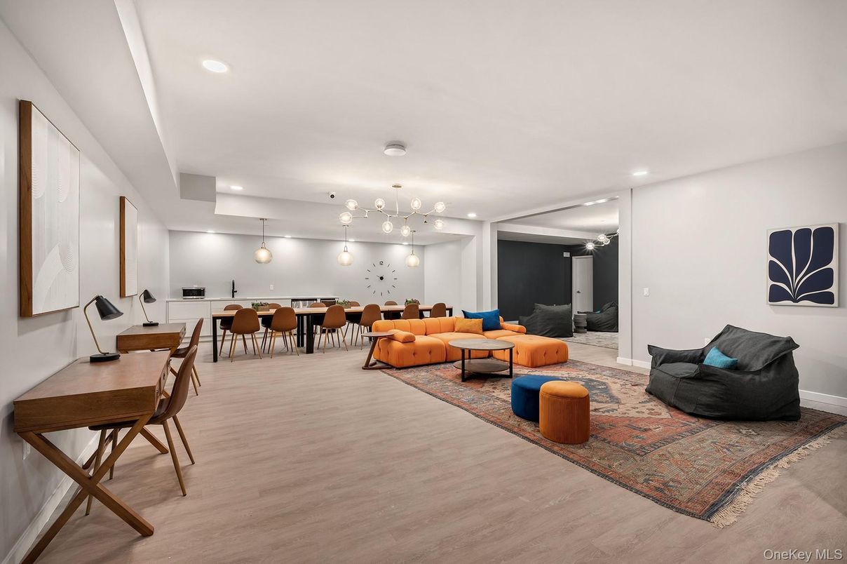 Dining room, Interior, Living room, Pendant Lights, Recessed Lighting, Wood Texture Flooring