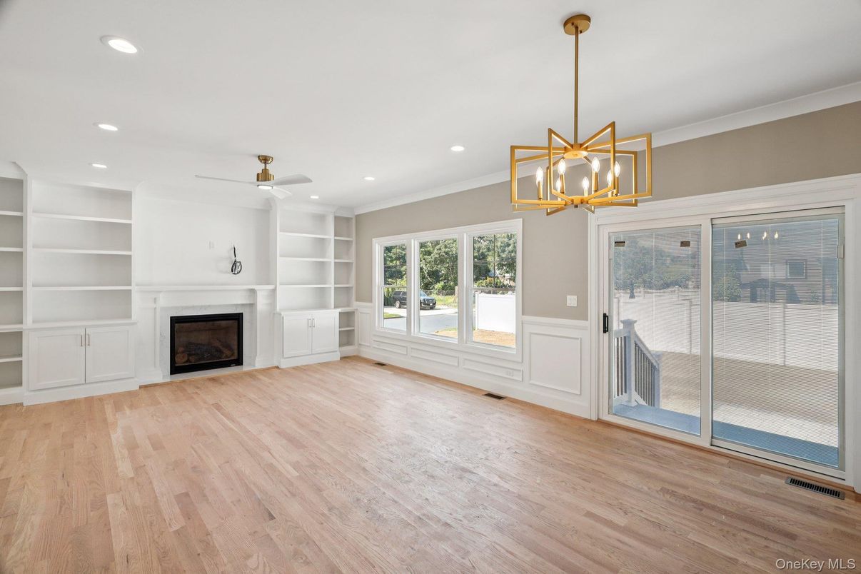 Empty room, Fireplace, Interior, Pendant Lights, Recessed Lighting, Wood Texture Flooring