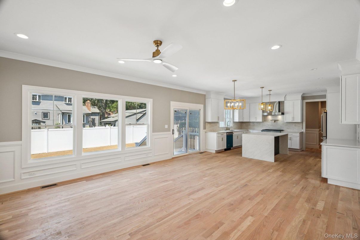 Empty room, Interior, Kitchen, Pendant Lights, Recessed Lighting, Wood Texture Flooring
