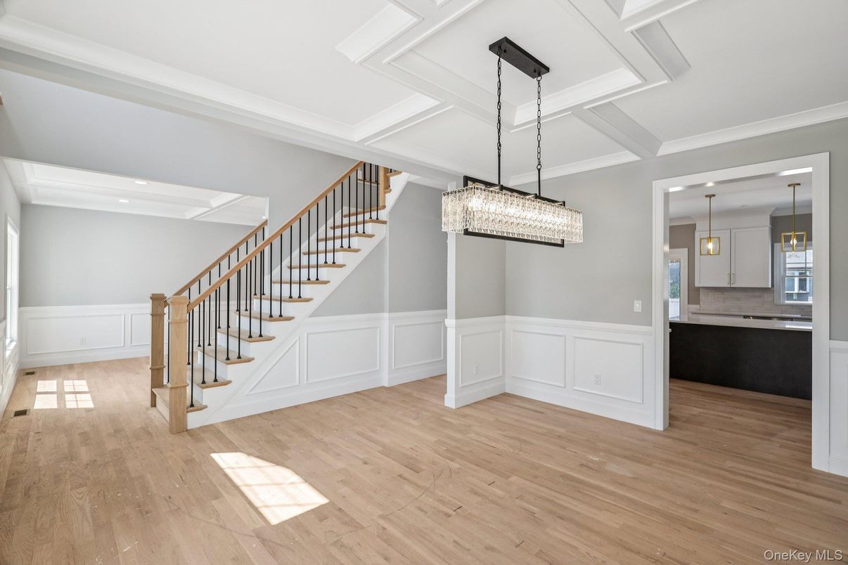 Chandelier, Empty room, Interior, Pendant Lights, Recessed Lighting, Wood Texture Flooring