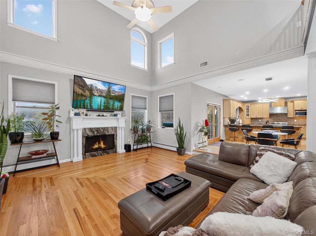 Dining room, Fireplace, Interior, Kitchen, Living room, Pendant Lights, Recessed Lighting, Wood Texture Flooring