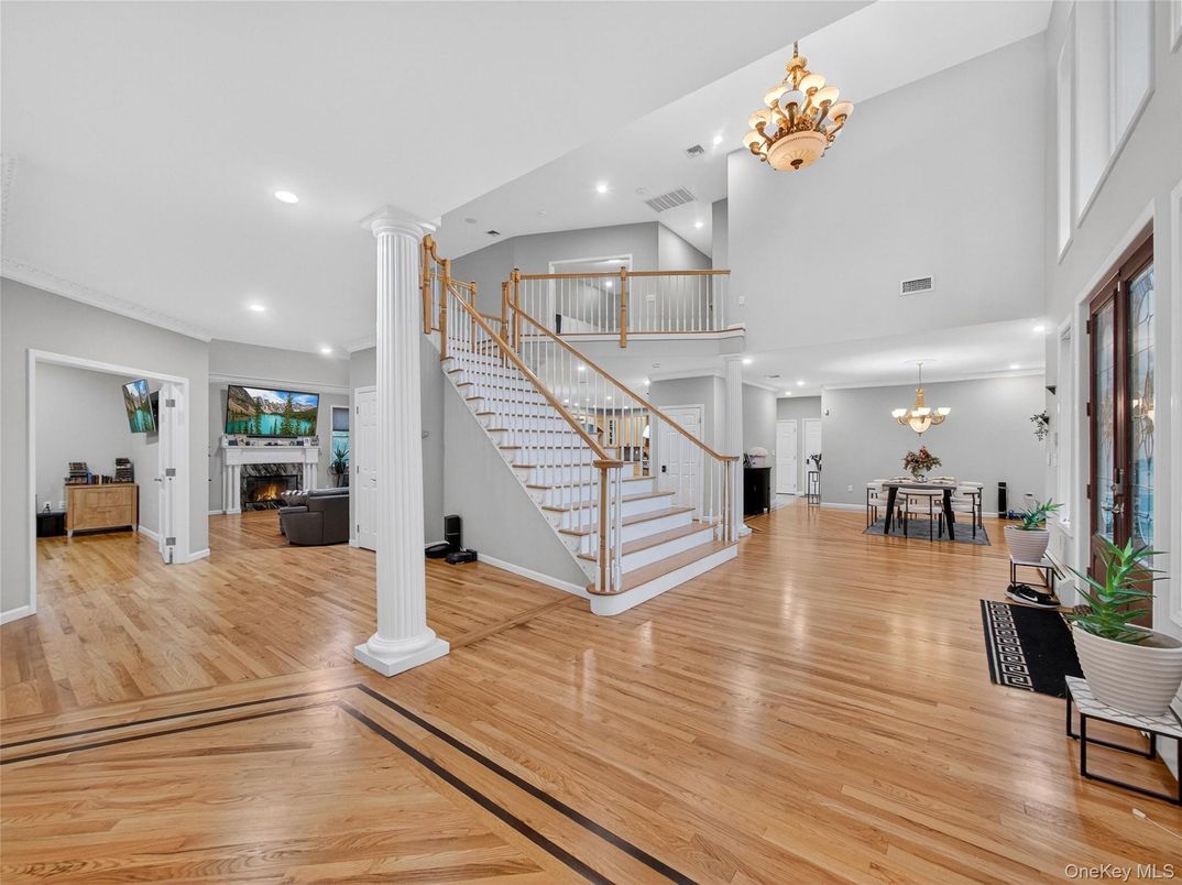 Chandelier, Dining room, Fireplace, Interior, Recessed Lighting, Wood Texture Flooring