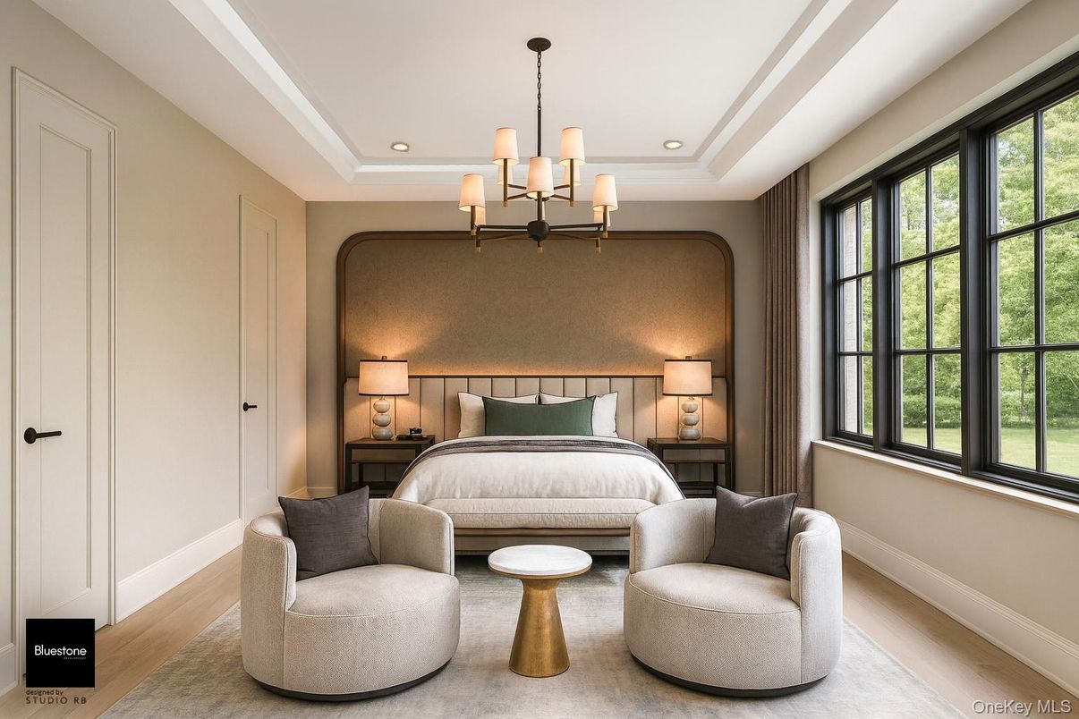 Bedroom, Chandelier, Interior, Recessed Lighting, Wood Texture Flooring