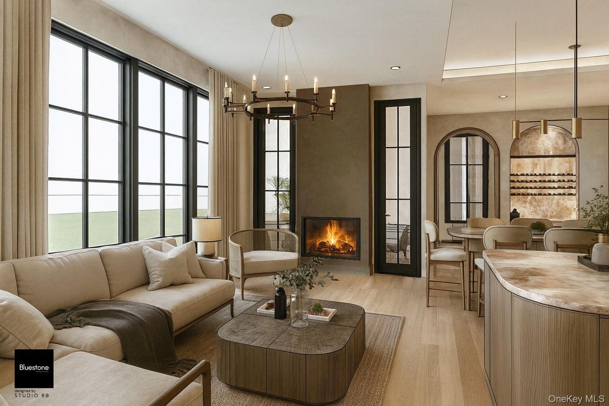 Chandelier, Dining room, Fireplace, Interior, Living room, Pendant Lights, Recessed Lighting, Wood Texture Flooring