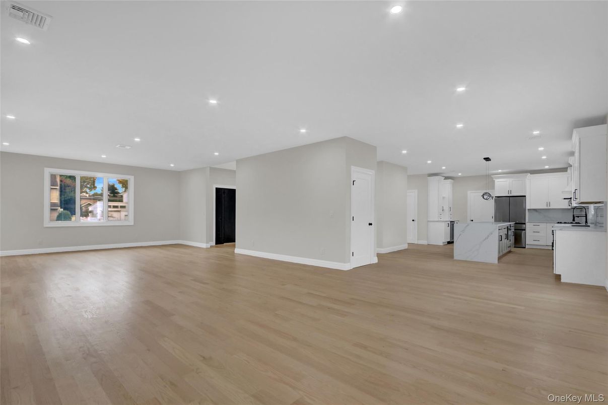 Empty room, Interior, Kitchen, Pendant Lights, Recessed Lighting, Wood Texture Flooring