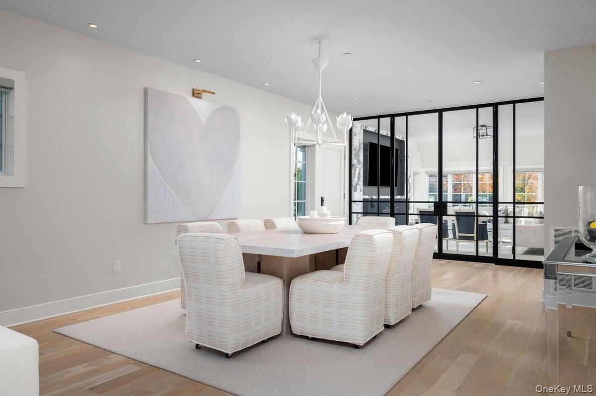 Dining room, Interior, Pendant Lights, Recessed Lighting, Wood Texture Flooring