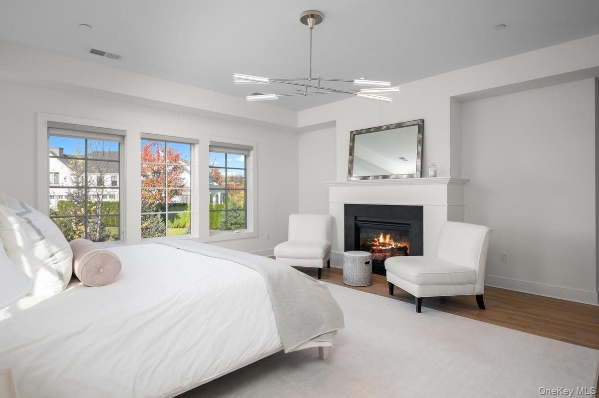 Bedroom, Fireplace, Interior, Pendant Lights, Wood Texture Flooring