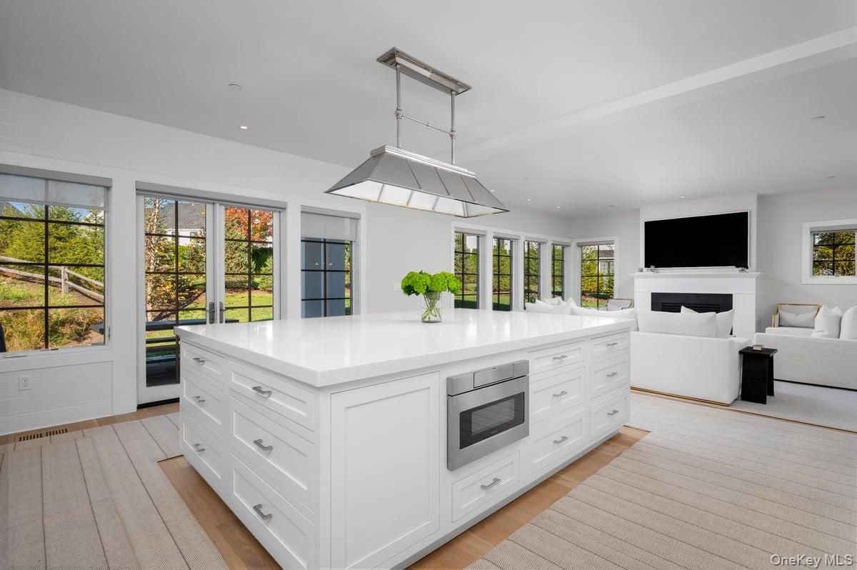 Fireplace, Interior, Kitchen, Living room, Pendant Lights, Recessed Lighting, Wood Texture Flooring