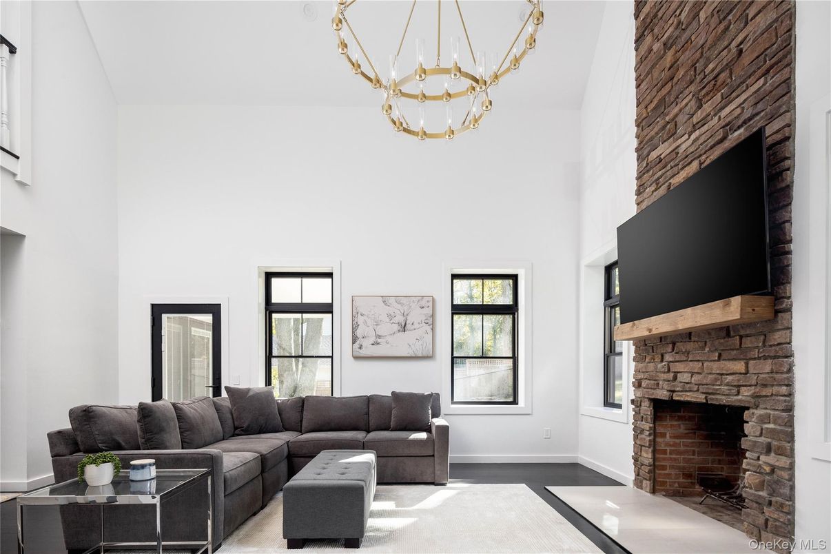 Fireplace, Interior, Living room, Pendant Lights, Wood Texture Flooring