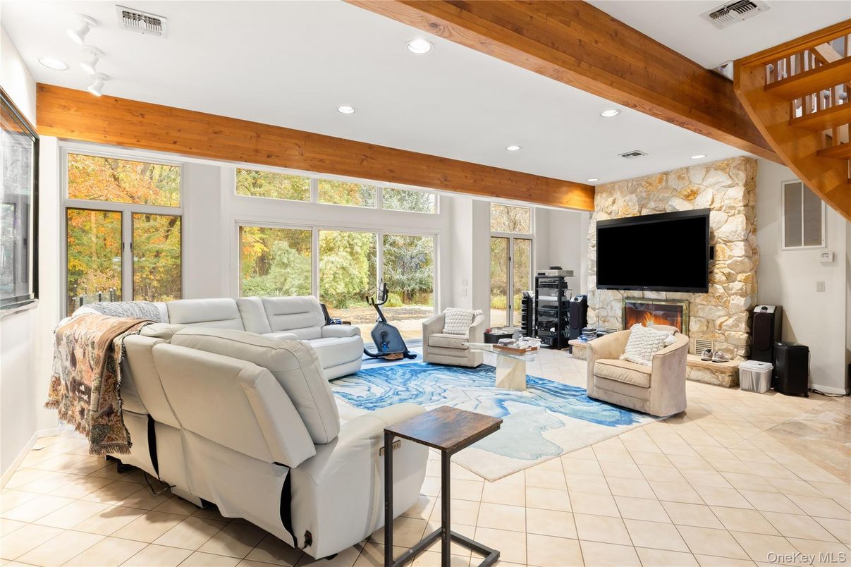 Fireplace, Interior, Living room, Recessed Lighting, Stone Walls, Wooden Beams