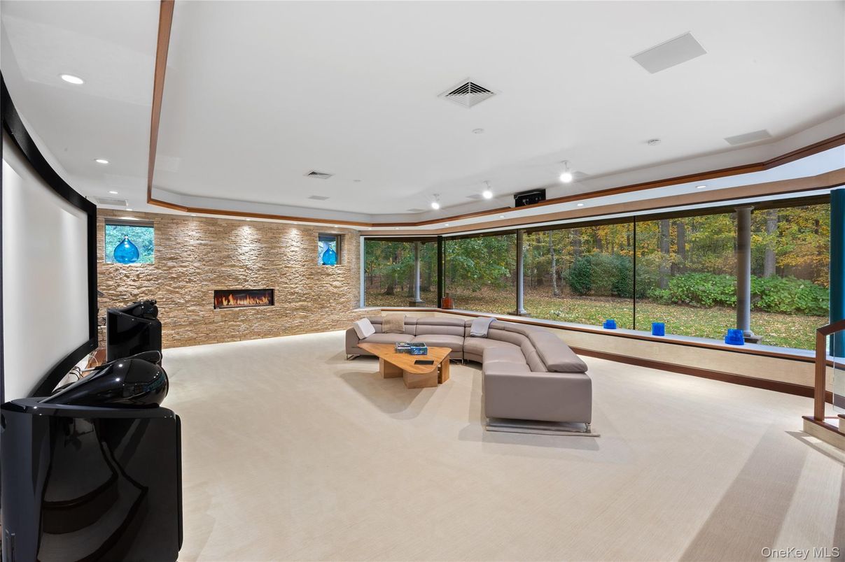 Fireplace, Interior, Living room, Recessed Lighting, Stone Walls