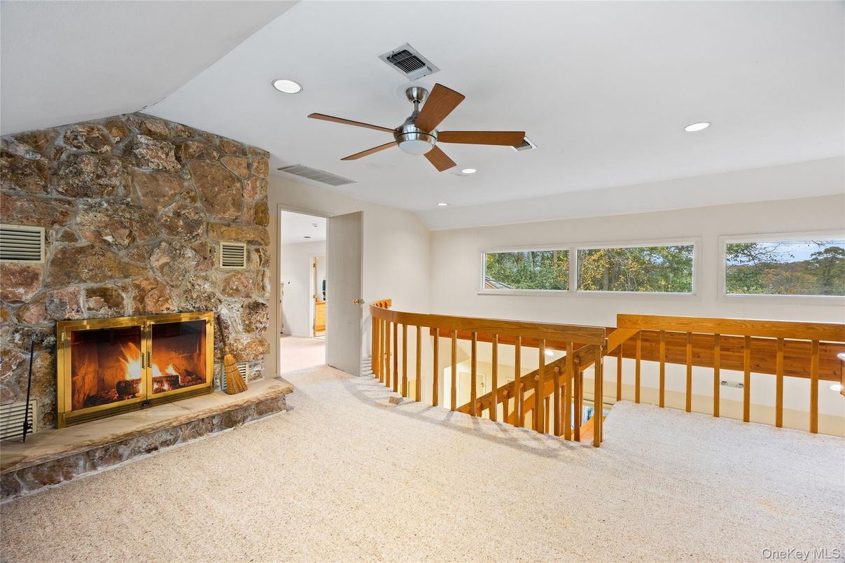 Fireplace, Interior, Recessed Lighting, Stone Walls