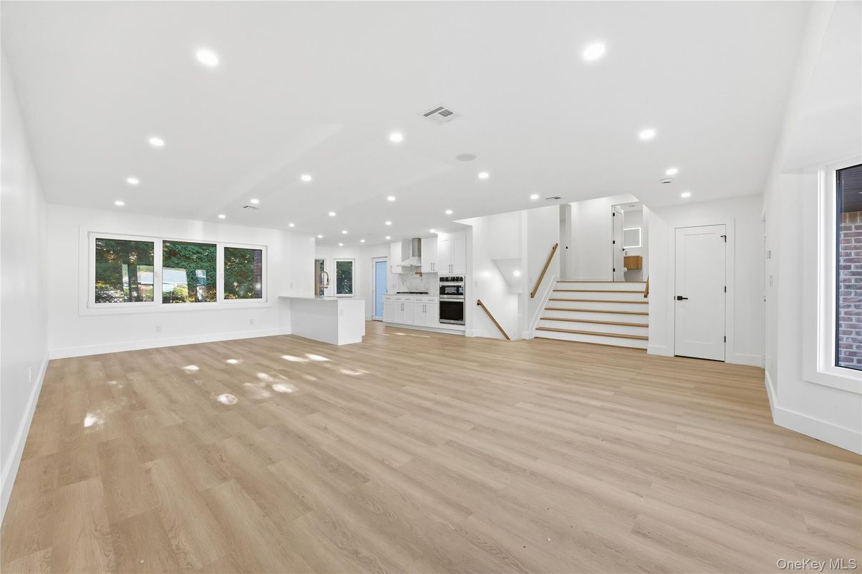 Empty room, Interior, Kitchen, Recessed Lighting, Wood Texture Flooring