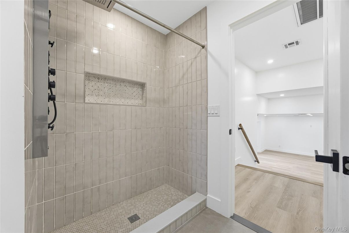Bathroom, Glass Shower, Interior, Recessed Lighting, Wood Texture Flooring
