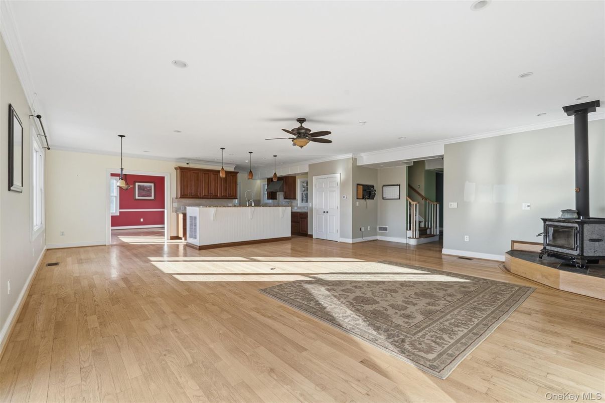 Fireplace, Interior, Kitchen, Pendant Lights, Recessed Lighting, Wood Texture Flooring