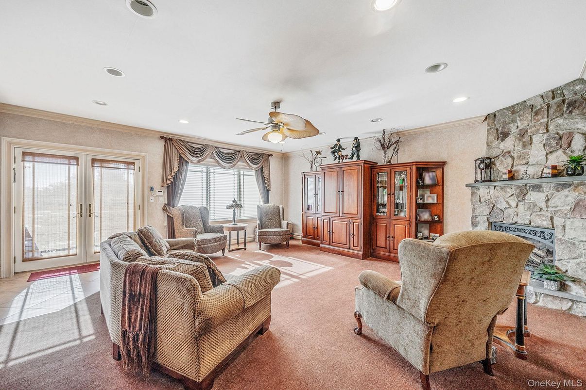 Fireplace, Interior, Living room, Recessed Lighting, Stone Walls