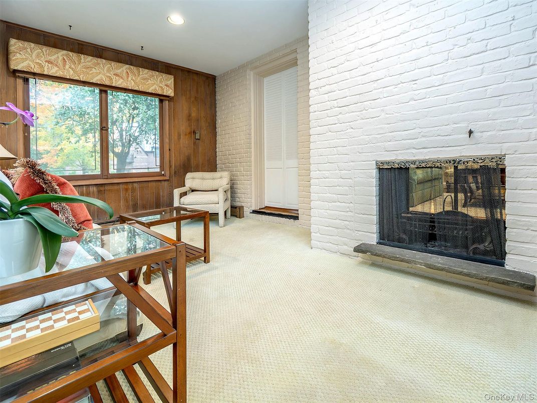Fireplace, Interior, Recessed Lighting, Stone Walls, Wooden Walls