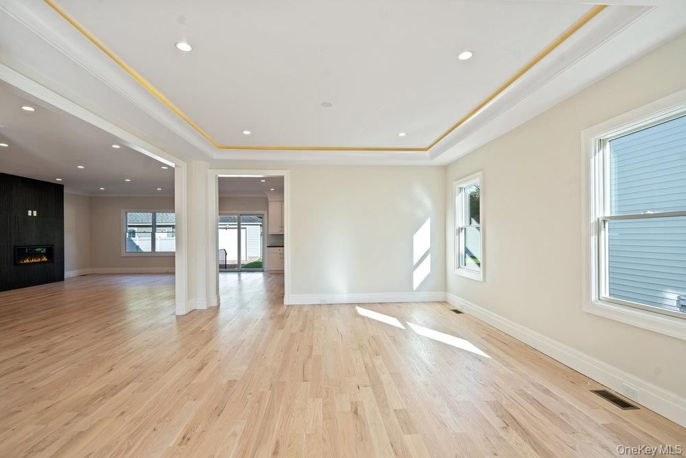 Empty room, Fireplace, Interior, Recessed Lighting, Wood Texture Flooring