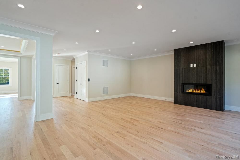 Empty room, Fireplace, Interior, Recessed Lighting, Wood Texture Flooring