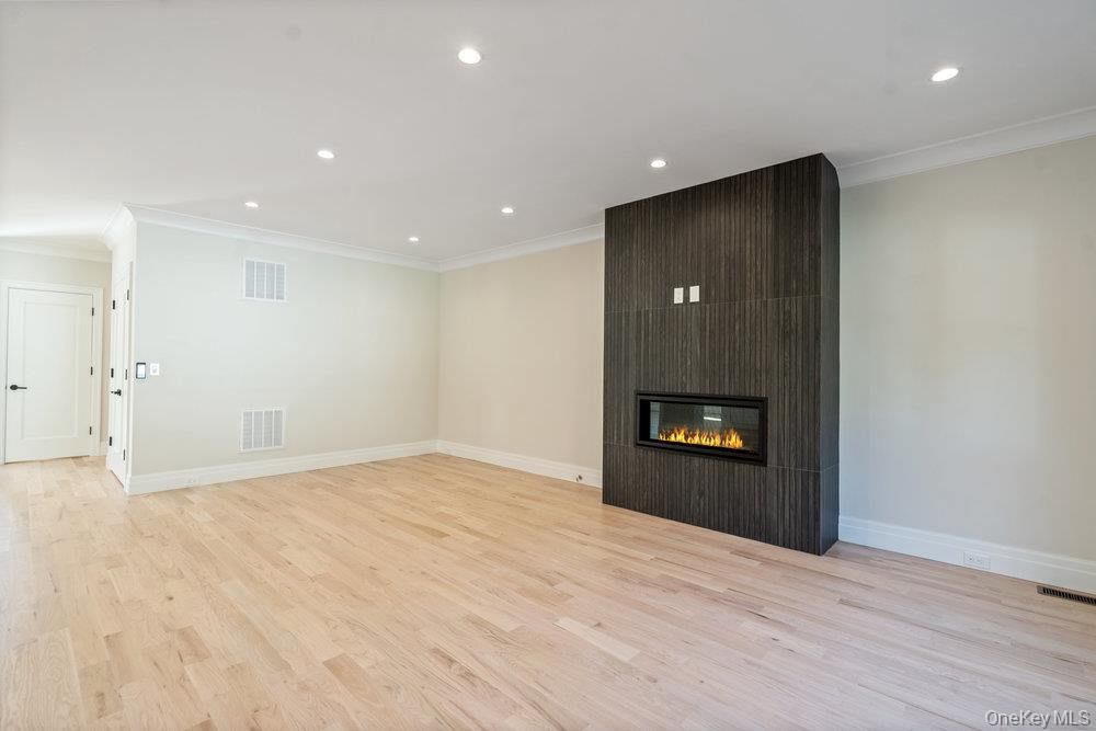 Empty room, Fireplace, Interior, Recessed Lighting, Wood Texture Flooring