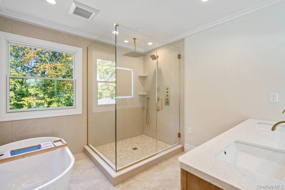 Bathroom, Free Standing Baths, Glass Shower, Interior, Recessed Lighting