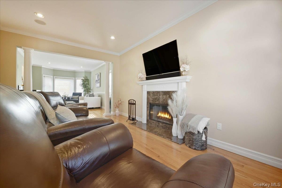 Fireplace, Interior, Living room, Recessed Lighting, Wood Texture Flooring