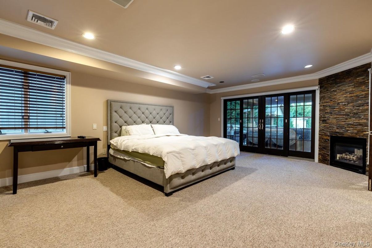 Bedroom, Fireplace, Interior, Recessed Lighting, Stone Walls