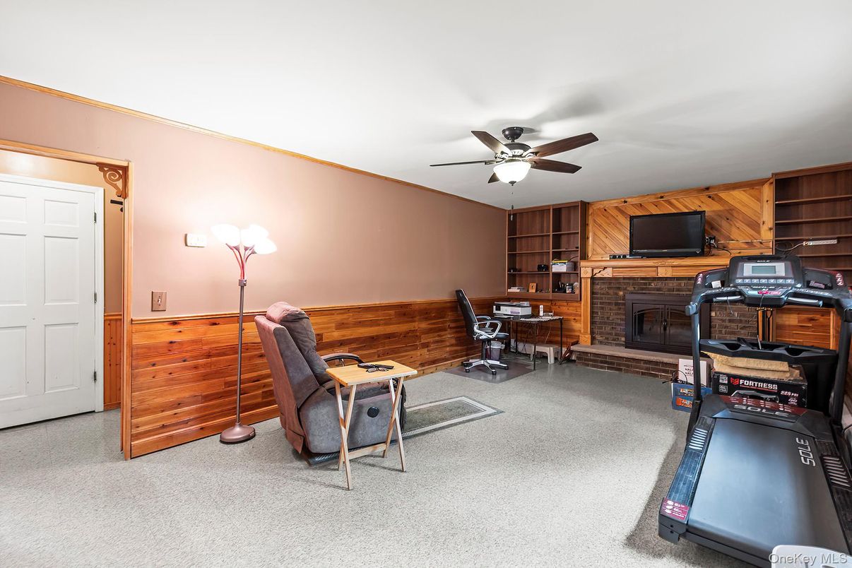 Fireplace, Fitness Equipment, Home Office, Interior, Wooden Walls
