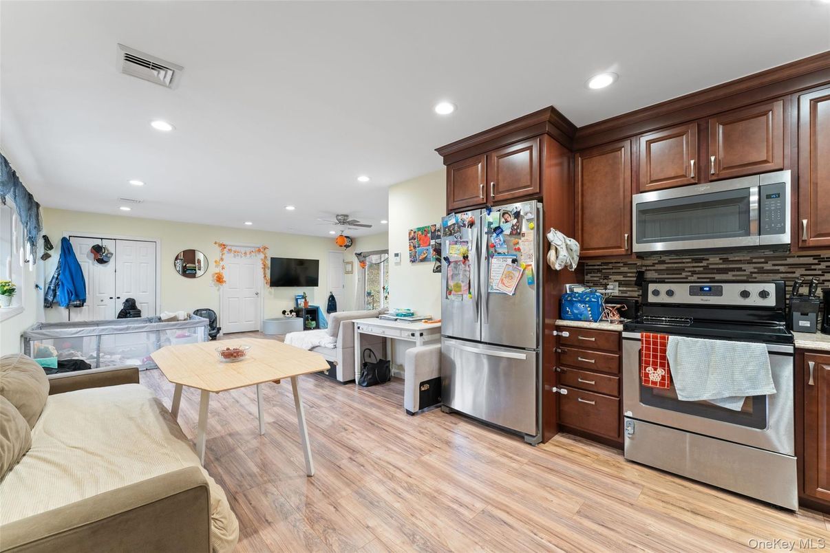 Interior, Kitchen, Living room, Recessed Lighting, Stainless Steel Appliances, Wood Texture Flooring