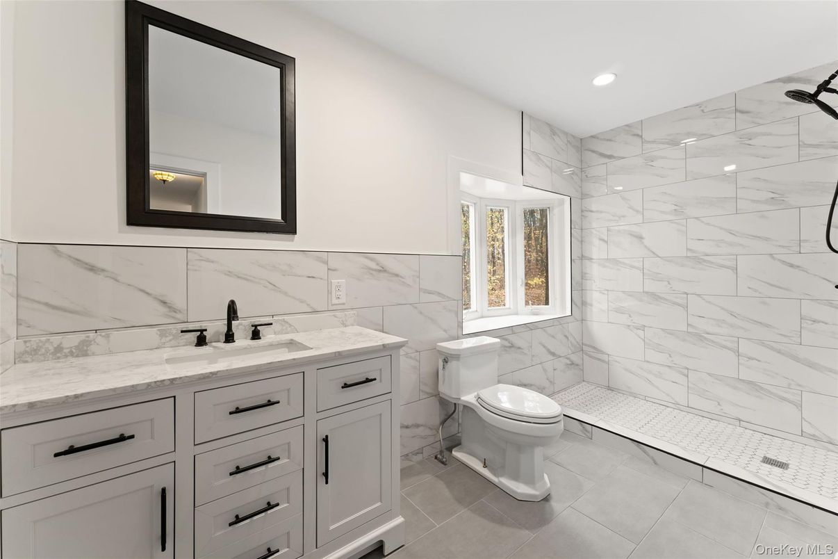 Bathroom, Glass Shower, Interior, Marble Walls, Recessed Lighting