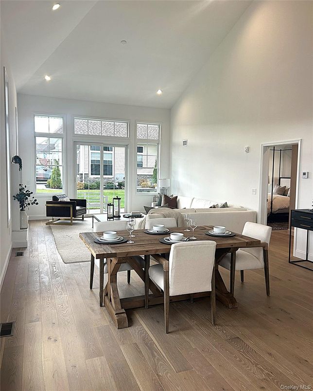 Dining room, Interior, Living room, Recessed Lighting, Wood Texture Flooring