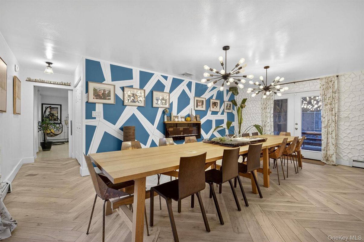 Dining room, Interior, Pendant Lights, Wood Texture Flooring