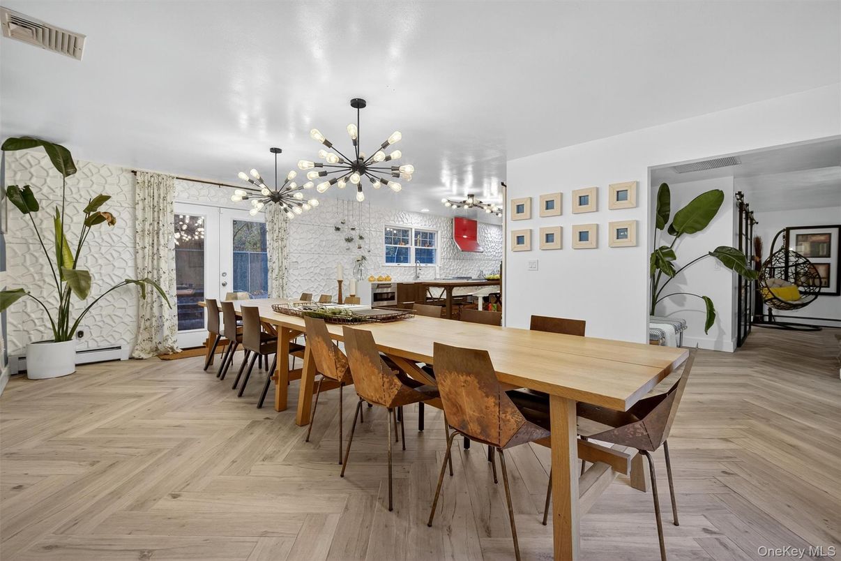 Dining room, Interior, Pendant Lights, Wood Texture Flooring