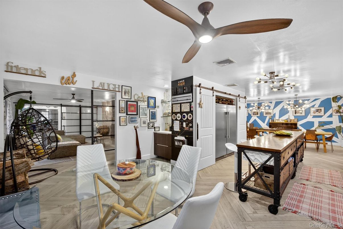 Dining room, Interior, Pendant Lights, Wood Texture Flooring