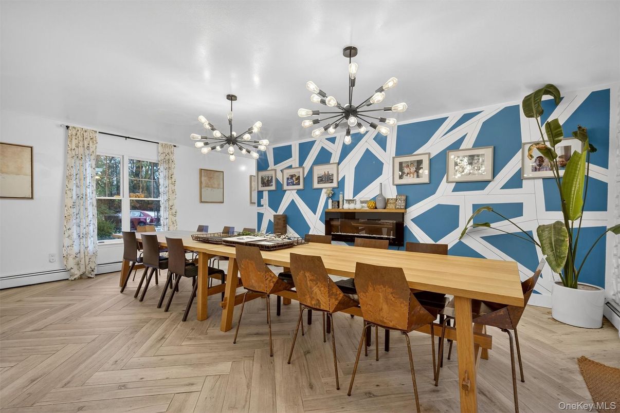 Dining room, Interior, Pendant Lights, Wood Texture Flooring
