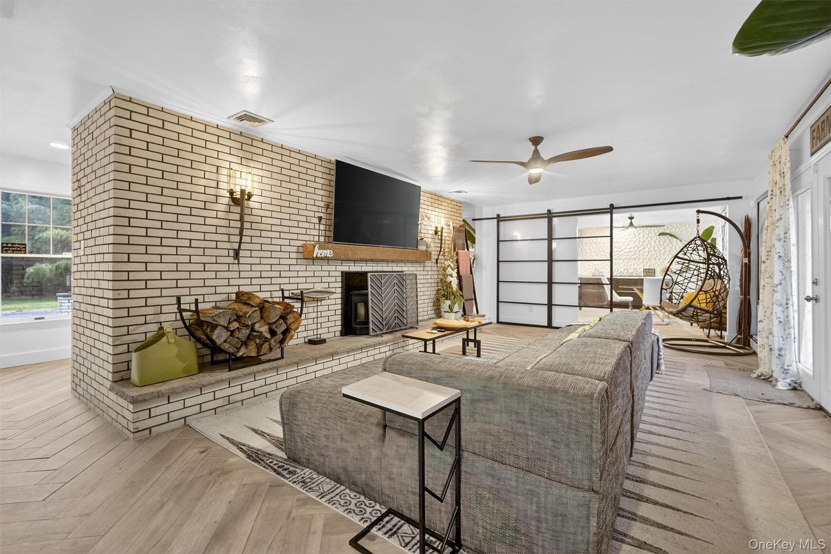 Fireplace, Interior, Living room, Stone Walls, Wood Texture Flooring