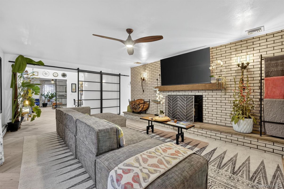 Fireplace, Interior, Living room, Stone Walls, Wood Texture Flooring